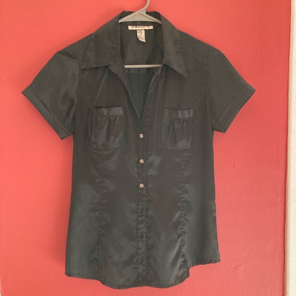 Short sleeve, gem - button down satin material shirt.